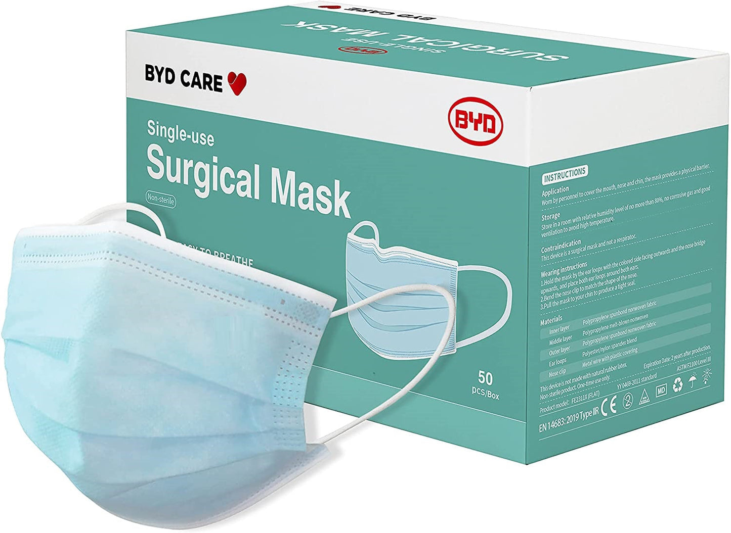 BYD Disposable Surgical Face Mask Level 3 Medical Latex Free TGA Approved (Box of 50)-Face Mask-BYD-1 Box-TOBE GRAB