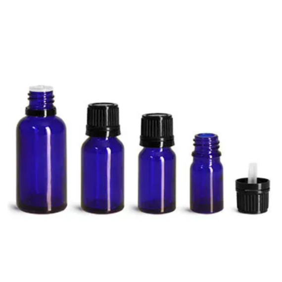 Blue Glass Dropper Bottles w/ Black Tamper Evident Caps & Orifice Reducer