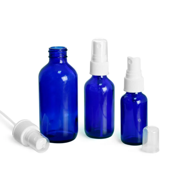 Blue Glass Boston Round Bottles w/ White Ribbed Fine Mist Sprayers