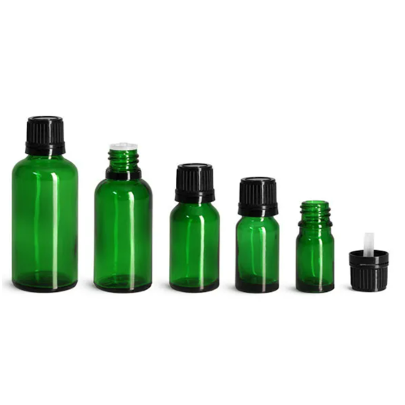 Green Glass Dropper Bottles w/ Black Tamper Evident Caps & Orifice Reducers
