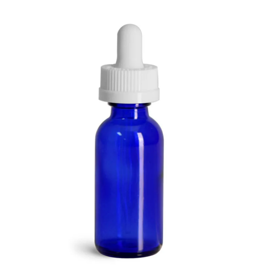 Blue Glass Boston Round Bottles w/ White Child Resistant Glass Droppers