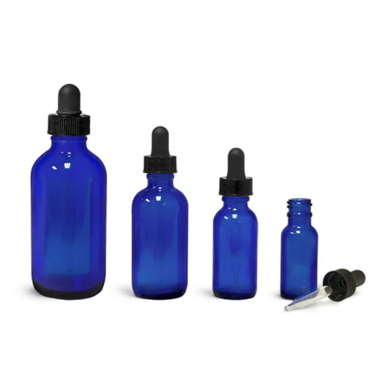 Blue Glass Boston Round Bottles w/ Black Bulb Glass Droppers