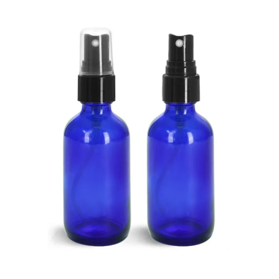 Blue Glass Boston Round Bottles w/ Black Ribbed Fine Mist Sprayers