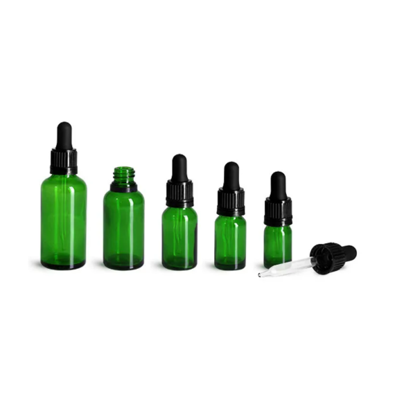 Green Glass Boston Round Bottles w/ Black Bulb Glass Droppers