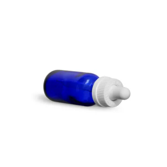 Blue Glass Boston Round Bottles w/ White Child Resistant Glass Droppers