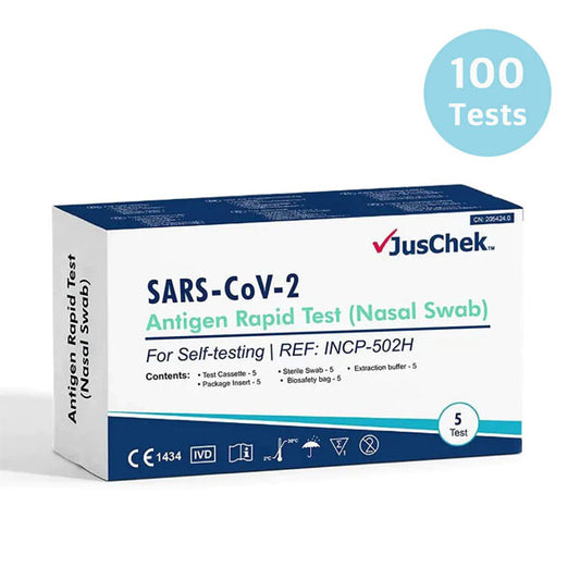 JusChek COVID-19 Rapid Antigen Test Kits - 5 Pack Nasal Swab (ARTG Identifier 374574) - 100 Tests