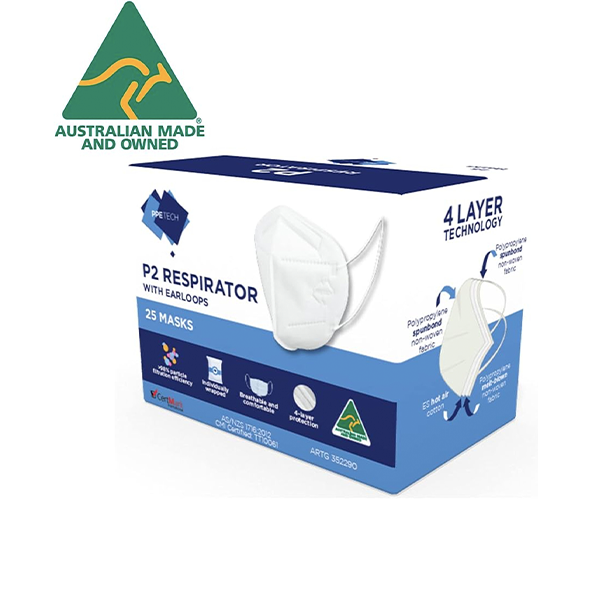 Australian Made P2 4-Layer Face Mask with Earloops - 25 Pack