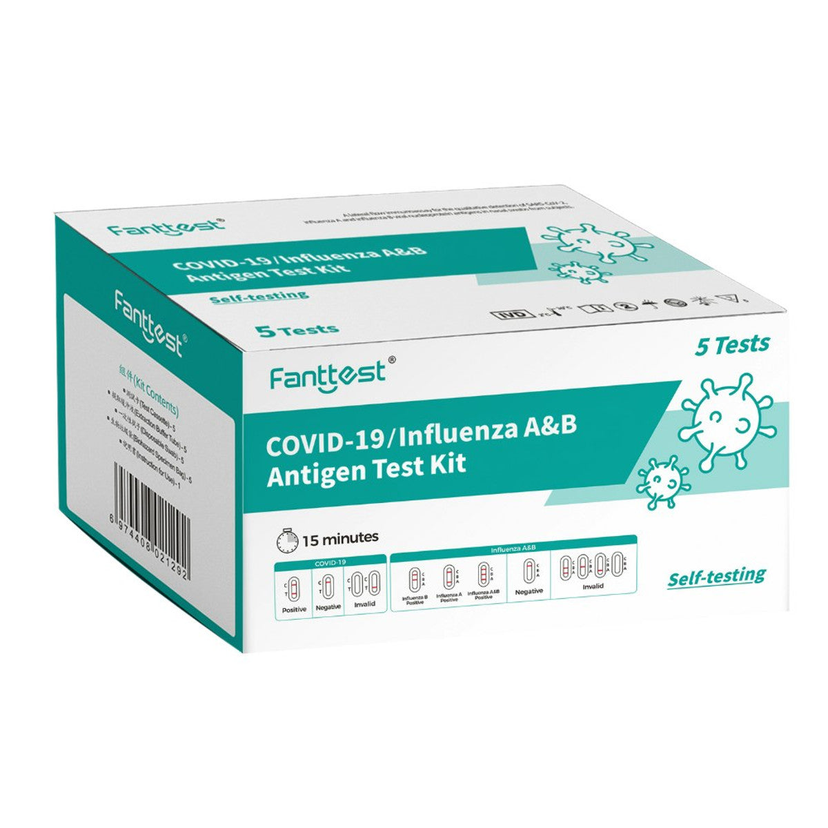 Fanttest (Nasal) COVID -19 / Influenza A & B Rapid Antigen Test Kit (3-in-1) - 5 Tests (1 x 5 Pack)