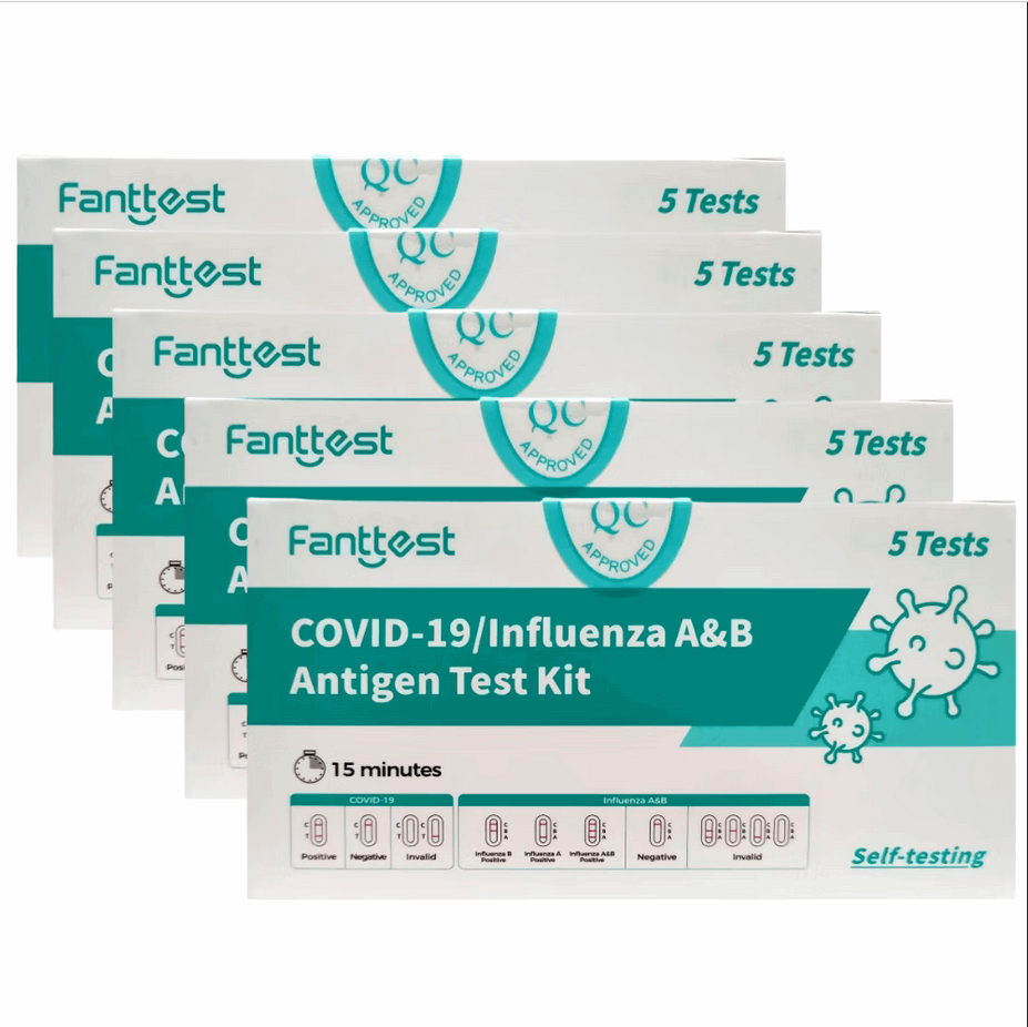 100x5 Fanttest COVID -19 / Influenza A & B 3-in-1 Combo Flu Rapid Antigen Test Kit -Nasal