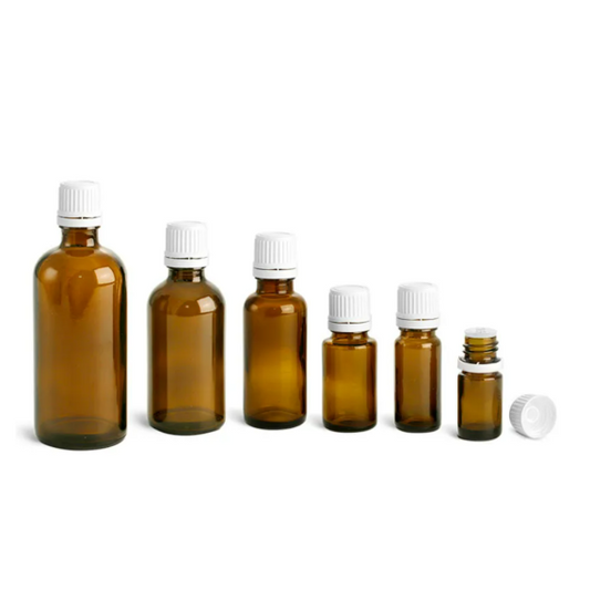 Amber Glass Dropper Bottles w/ White Tamper Evident Caps and Orifice Reducers