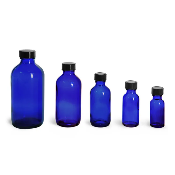 Blue Glass Boston Round Bottles w/ Black Phenolic Cone Lined Caps
