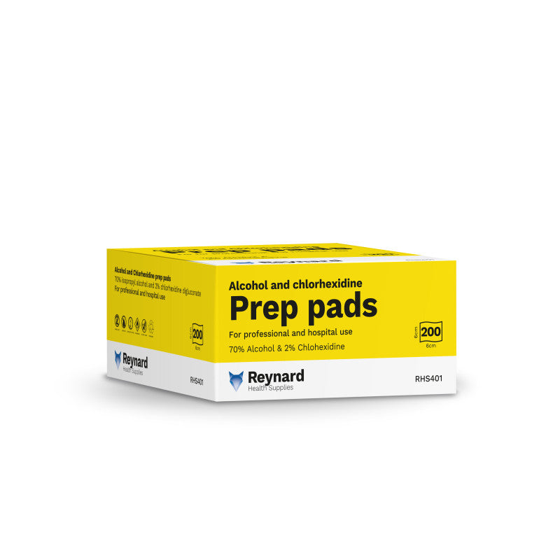 RHS401 70% Alcohol & 2% Chlorhexidine Reynard Prep Pads 6cm x 6cm