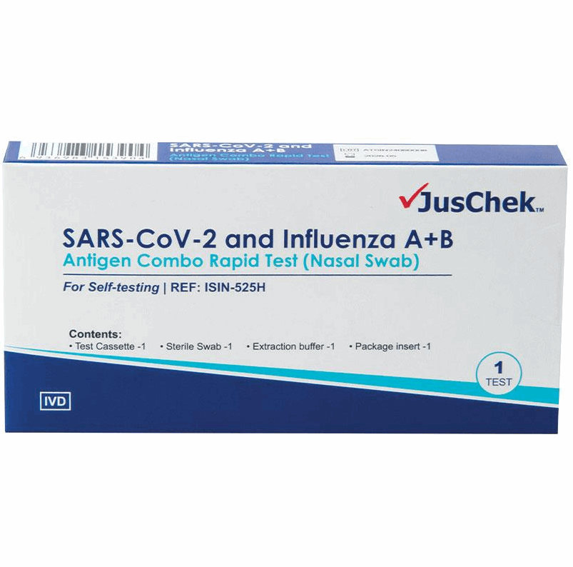 Juschek Covid-19/ Influenza A+B Antigen Combo Rapid Self Test (Nasal Swab)-Single Pack-400/Carton