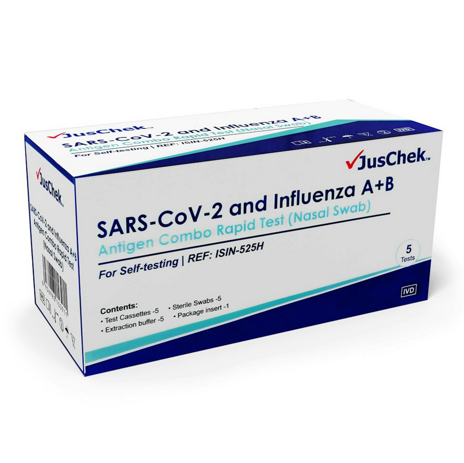 Juschek Covid-19/ Influenza A+B Antigen Combo Rapid Self Test (Nasal Swab) 5 Pack- 840tests/Carton