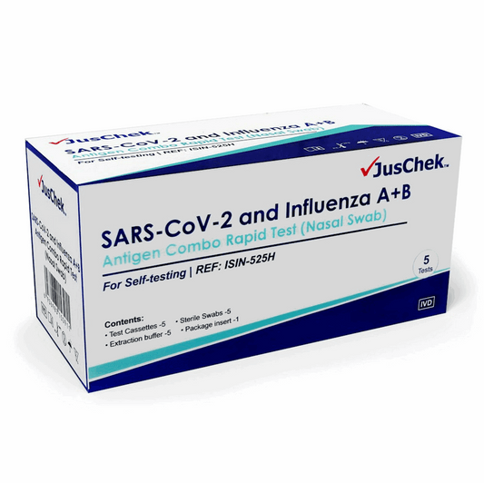 Juschek Covid-19/ Influenza A+B Antigen Combo Rapid Self Test (Nasal Swab) 5 Pack- 840tests/Carton - ToBe HealthCare