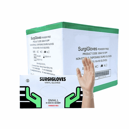 Surgigloves VINYL Gloves - 1 Carton (10 Boxes = 1000 Gloves) - ToBe HealthCare