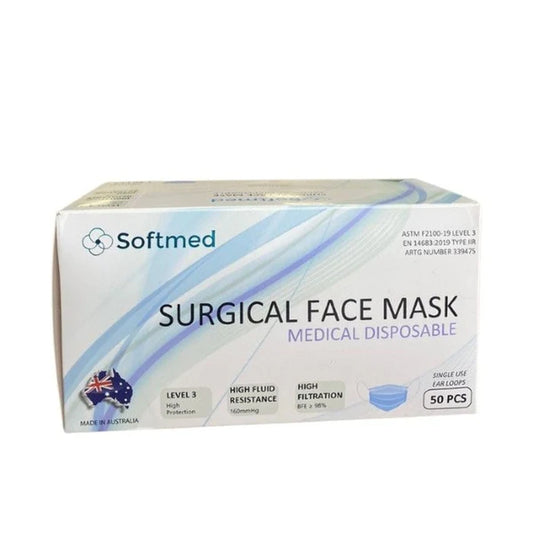 10 Boxes Soft Med Disposable Surgical Face Mask Level 3 Medical Latex Free (Box of 5x10)