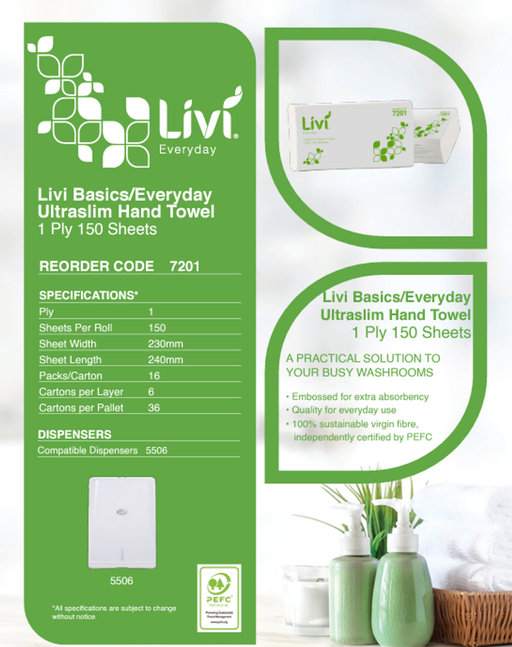 7201 Livi Basics/Everyday Ultraslim Hand Towel 1 Ply 150 Sheets (16 Packs)