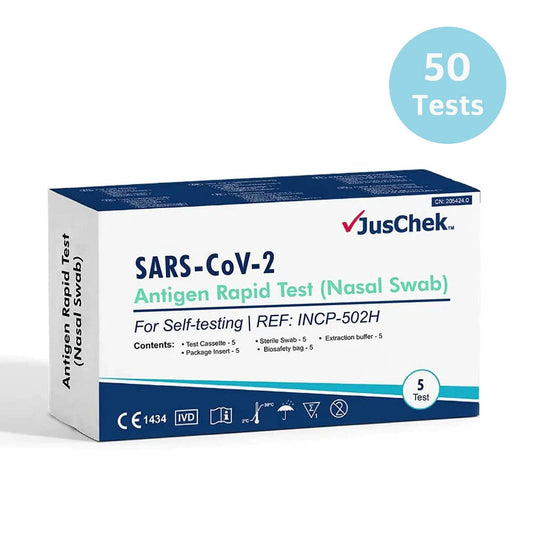 50 Tests - JusChek COVID-19 Rapid Antigen Test Kits - 5 Pack Nasal Swab (ARTG Identifier 374574)