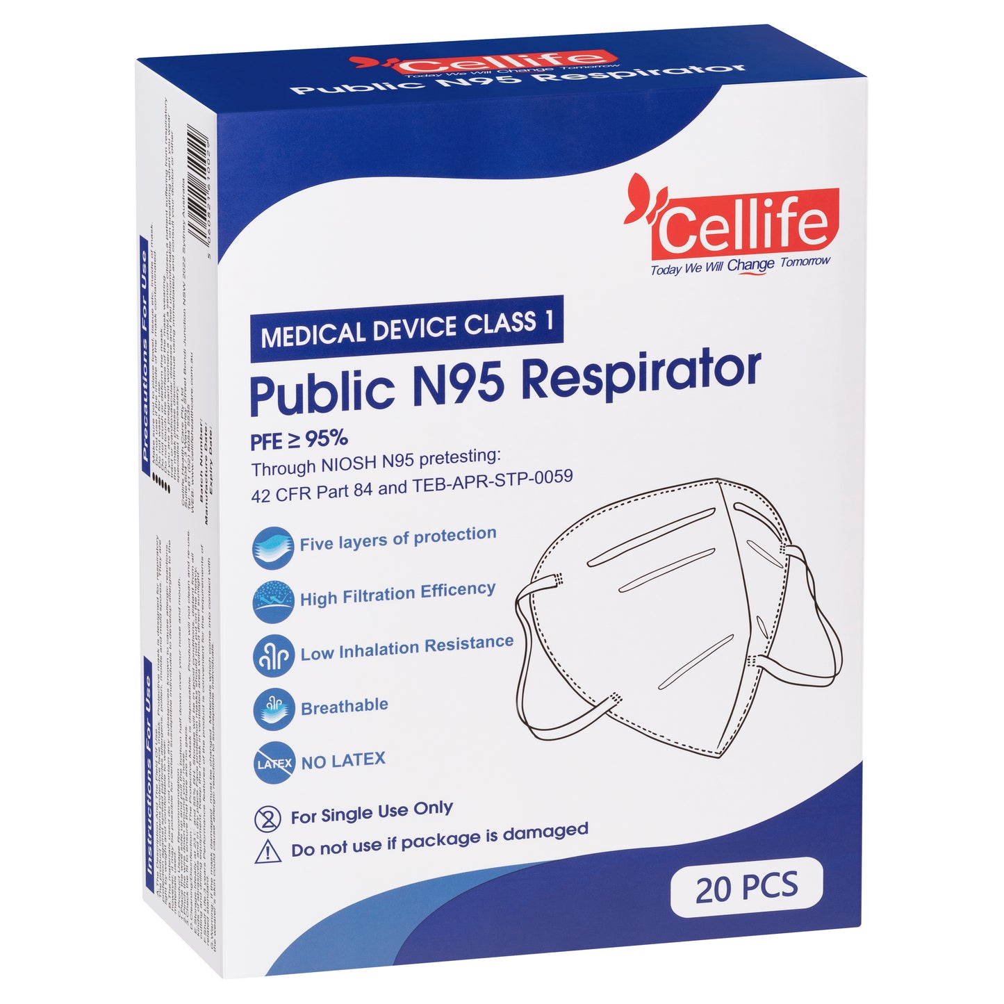 Cellife (Purnote)  N95 Respirator Face Mask 30 Pieces - BLUE
