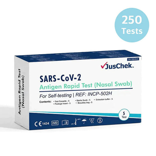 JusChek COVID-19 Rapid Antigen Test Kits - 5 Pack Nasal Swab (ARTG Identifier 374574) - 250 Tests
