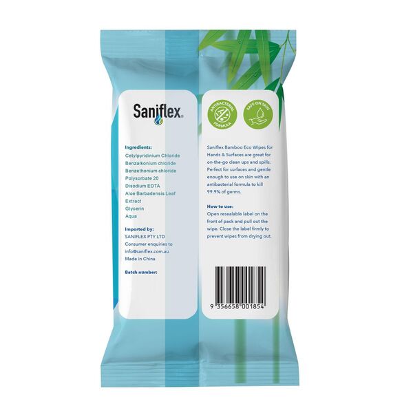Saniflex Bamboo Eco Wipes for Hands & Surfaces 15 Pack